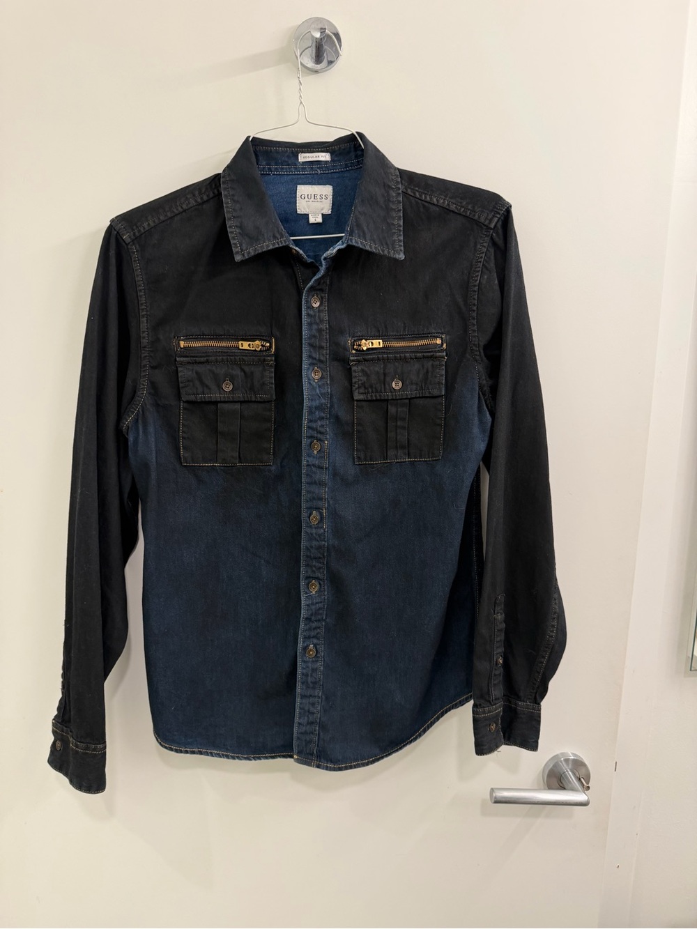 GUESS Two-Tone Black and Dark Blue Denim Button-Down Shirt